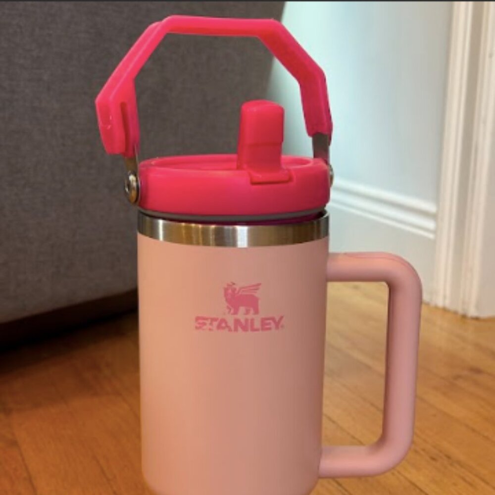Pink Stanley 40 oz built-in straw with handle and another handle top
